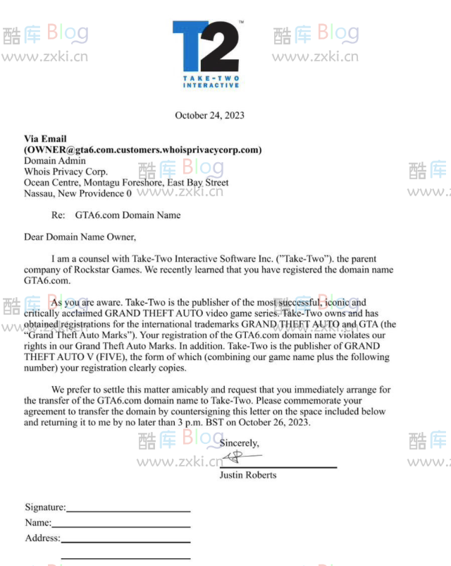 Take-Two 要求持有人 10 月 26 日前转让GTA6.com 域名
